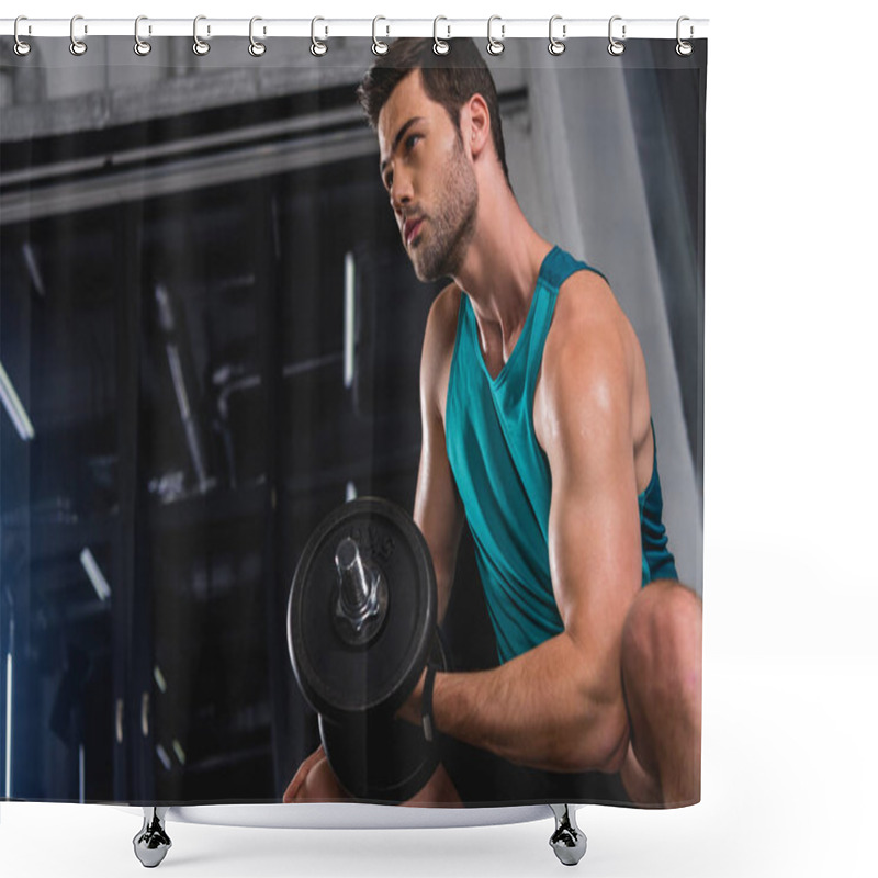 Personality  Muscular Sportsman Training With Dumbbell In Sports Hall Shower Curtains