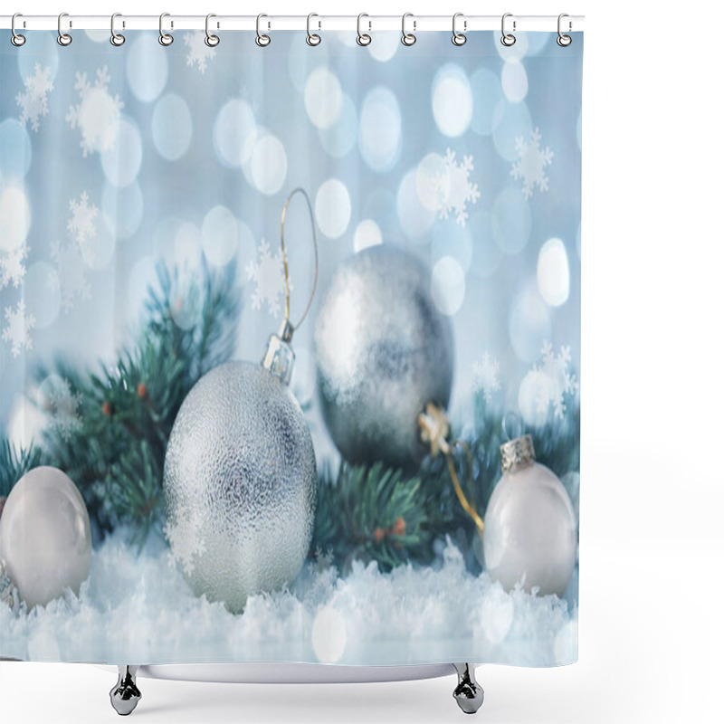 Personality  Greeting Card Design With Beautiful Christmas Balls And Snowflakes, Bokeh Effect Shower Curtains