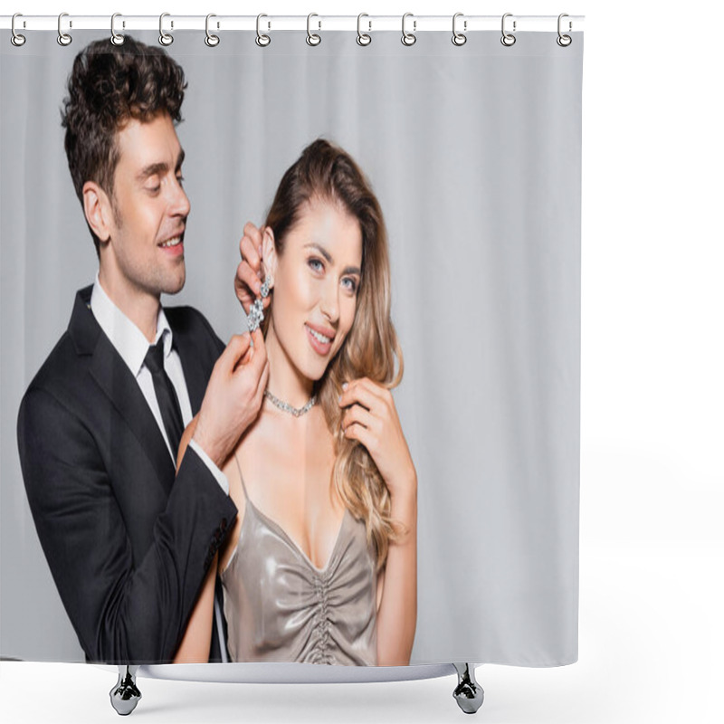 Personality  Smiling Elegant Man Adjusting Earring On Girlfriend Isolated On Grey Shower Curtains