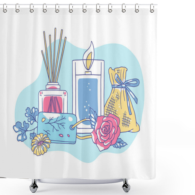 Personality  Vector Illustration Of Spa Accessories With Candle, Diffuser, Aroma Sachet, With Flowers And Tag. On Blue Background. Aromatherapy. Design Elements For Beauty Industry. Flat Style. Shower Curtains