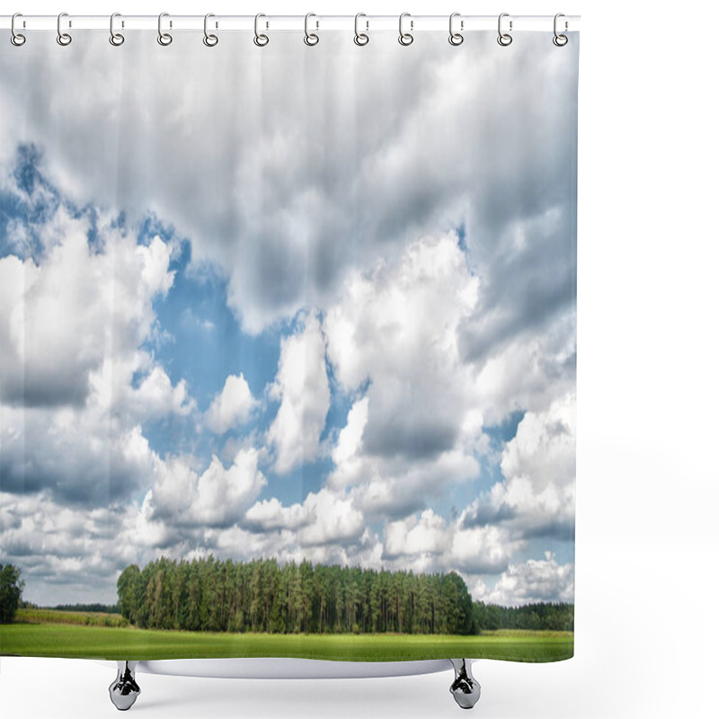 Personality  Forest And Green Field Nature Landscape On Cloudy Day. Sky With Lot White Clouds Above Forest Trees. Nature And Freedom Concept. Cloudy Weather Forecast. Weather Changes Signs. Cloudy Sky And Nature Shower Curtains