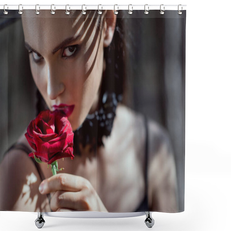 Personality  Portrait Of Beautiful Woman In Black Costume Holding Red Rose In Hand, Looking At Camera Shower Curtains