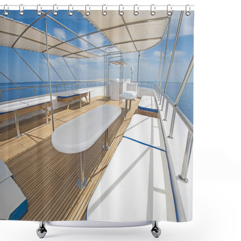 Personality  Table And Chairs On Sundeck Of A Luxury Motor Yacht Shower Curtains