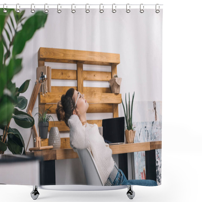 Personality  Side View Of Girl Stretching On Chair In Office Shower Curtains