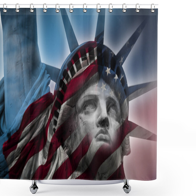 Personality  Double Exposure Image Of The Statue Of Liberty And The American Flag Shower Curtains