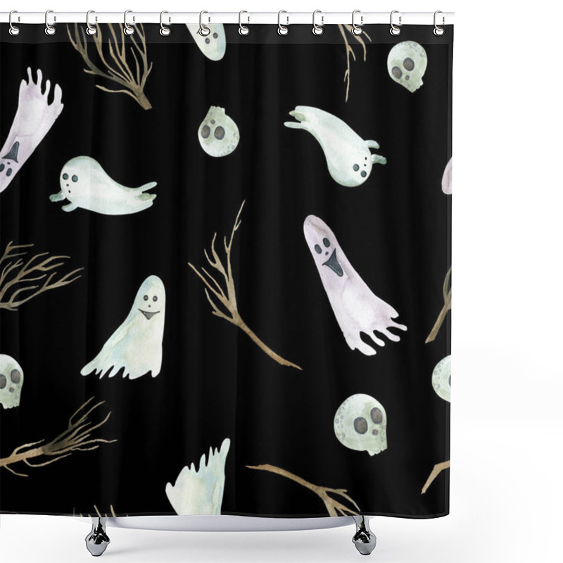 Personality  Seamless Pattern Of Halloween Ghosts Skull Branches On A Black Background. Watercolor Hand Painted Shower Curtains