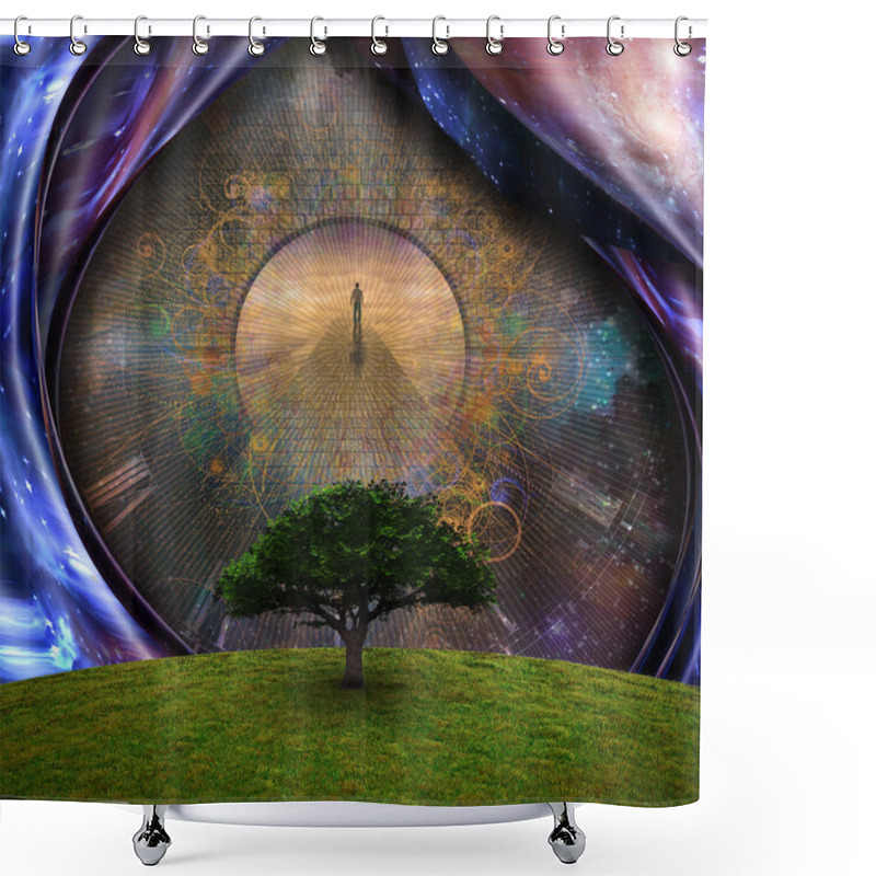 Personality  Surrealism. Green Tree. Man On A Stone Road. 3D Rendering. Shower Curtains