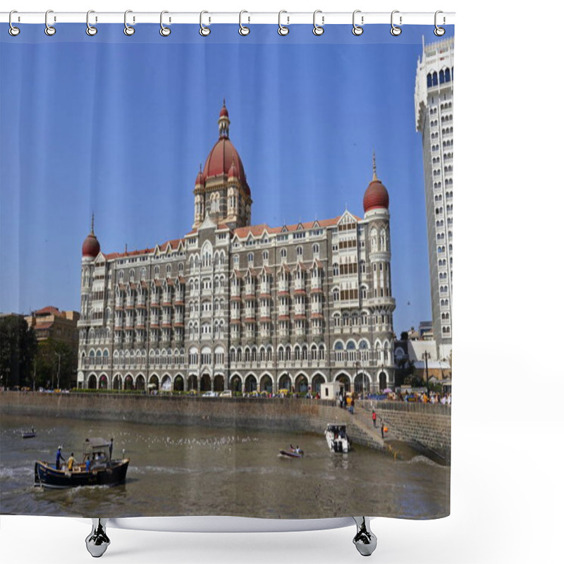 Personality  MUMBAI, INDIA - February 7, 2019: A View Of The Taj Palace Hotel In Front Of The Promenade In Mumbai, India. Shower Curtains