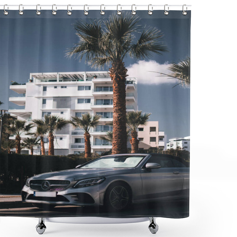 Personality  A Modern Stylish Sport Car In Front Of The Palm Trees In Sunny Day In Larnaca, Cyprus.  Shower Curtains