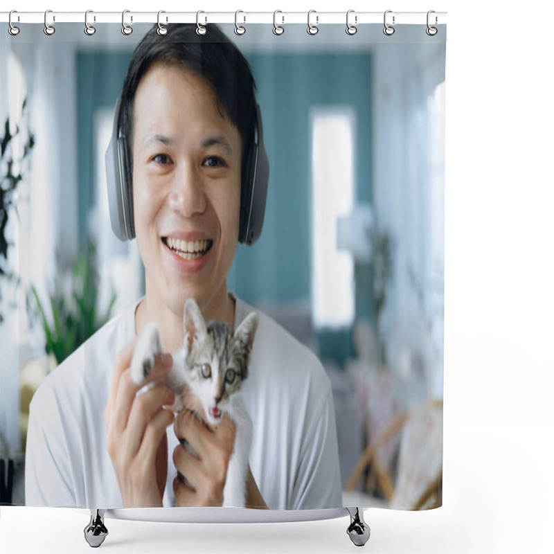 Personality  Head Shot Portrait Attractive Man Holding Cute Kitten, Making Video Call, Using Computer, Sitting In Living Room, Happy Young Male Smiling, Look At Camera. Shower Curtains