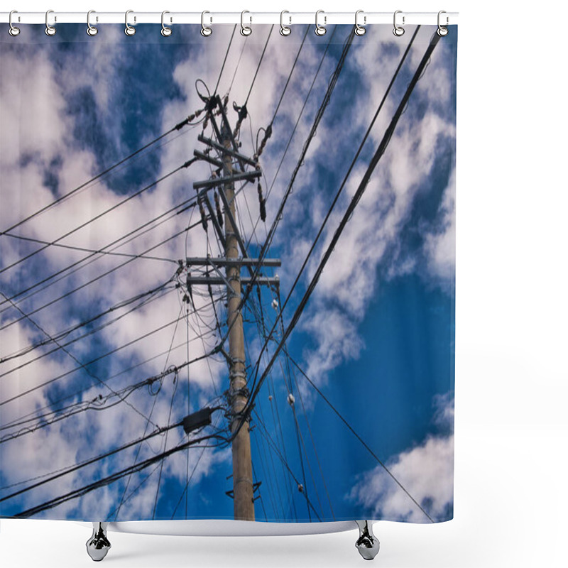 Personality  Highly Loaded Urban Electricity Pole Showing Many Cables, Taken In Japan Shower Curtains