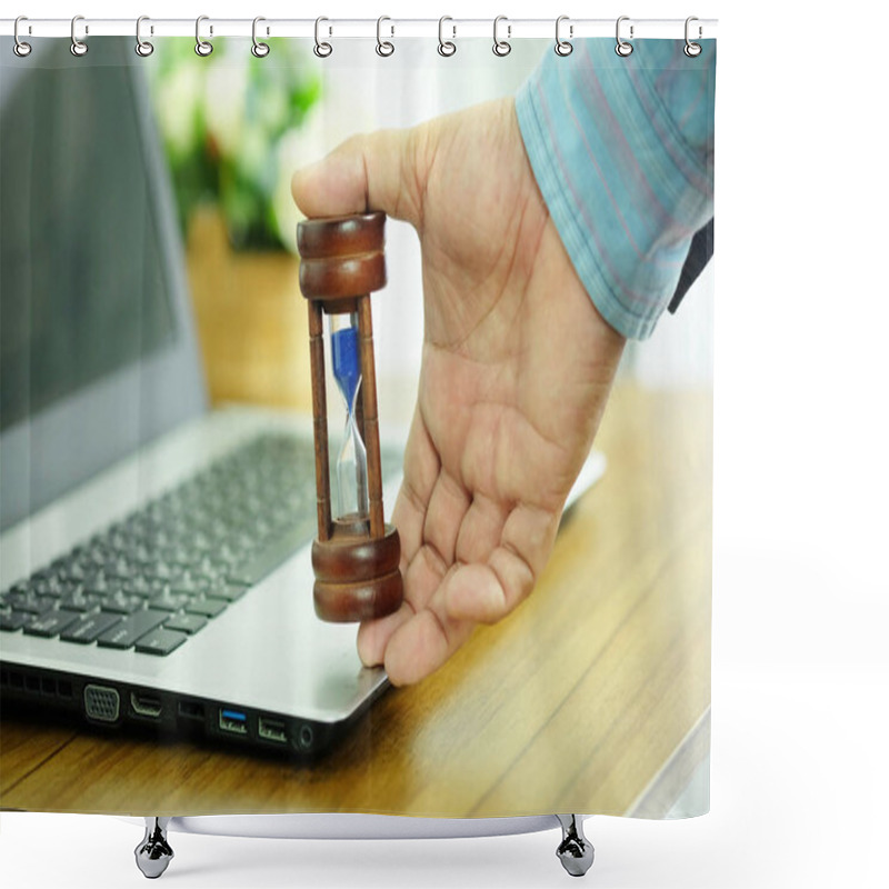 Personality  Hand Of Business Man Is Holding Wooden Hourglass On Laptop Computer, Managing Time And Countdown To Deadline Concept. Shower Curtains