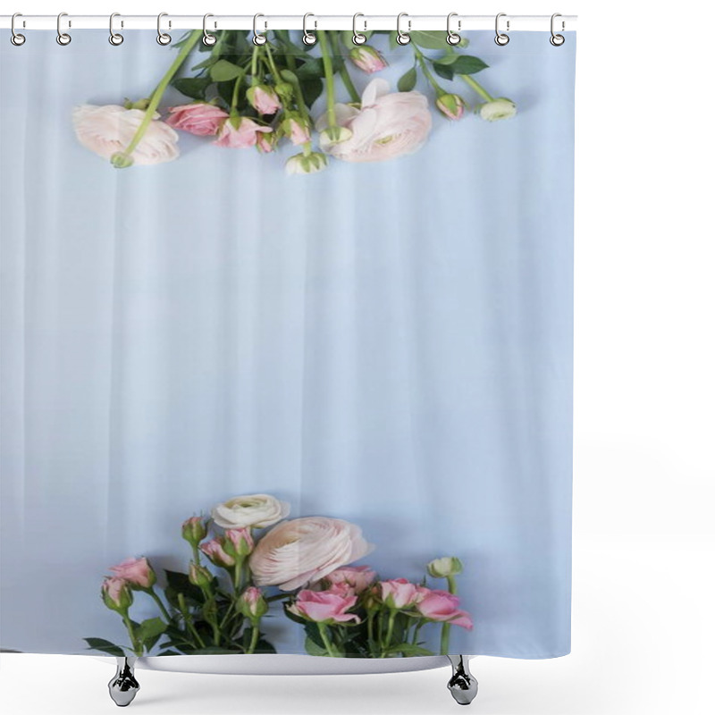 Personality  Flowers Background. Bouquet Of Pale Pink Ranunculus And Roses Flowers On Pale Blue Background. Top View. Copy Space. Shower Curtains