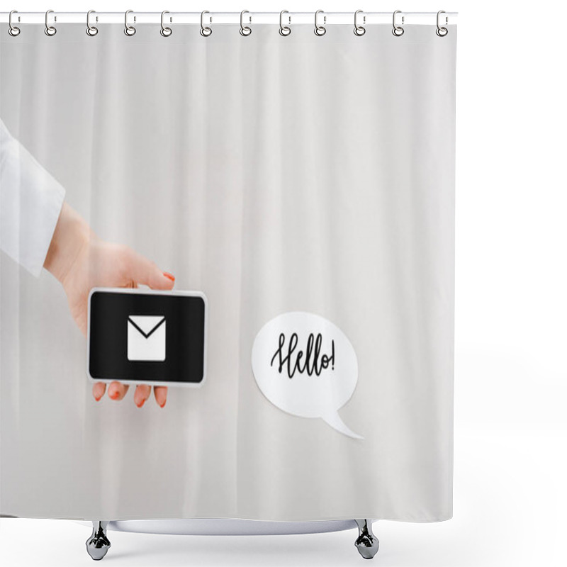 Personality  Cropped View Of Woman Holding Smartphone With Mail Sign Near Paper Cut Speech Bubble With Hello Lettering Shower Curtains