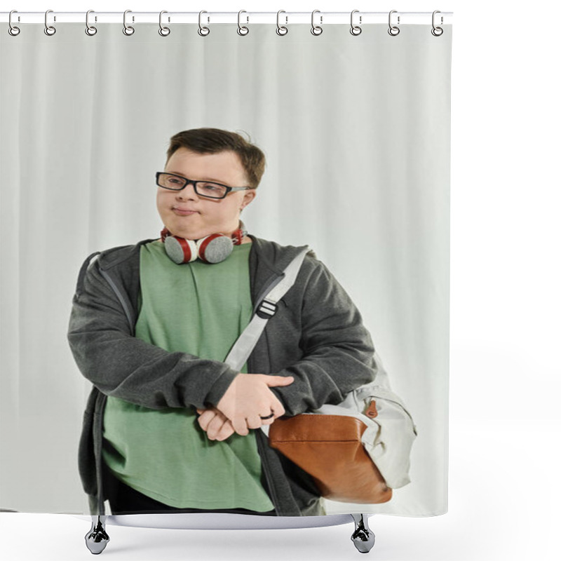 Personality  Cheerful Young Man With Down Syndrome Enjoying His Time At Home With Headphones And A Backpack. Shower Curtains