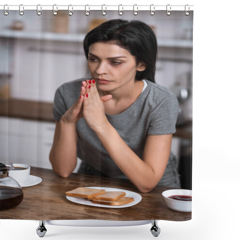 Personality  Selective Focus Of Pensive Woman With Bruise On Face Near Breakfast On Table, Domestic Violence Concept  Shower Curtains