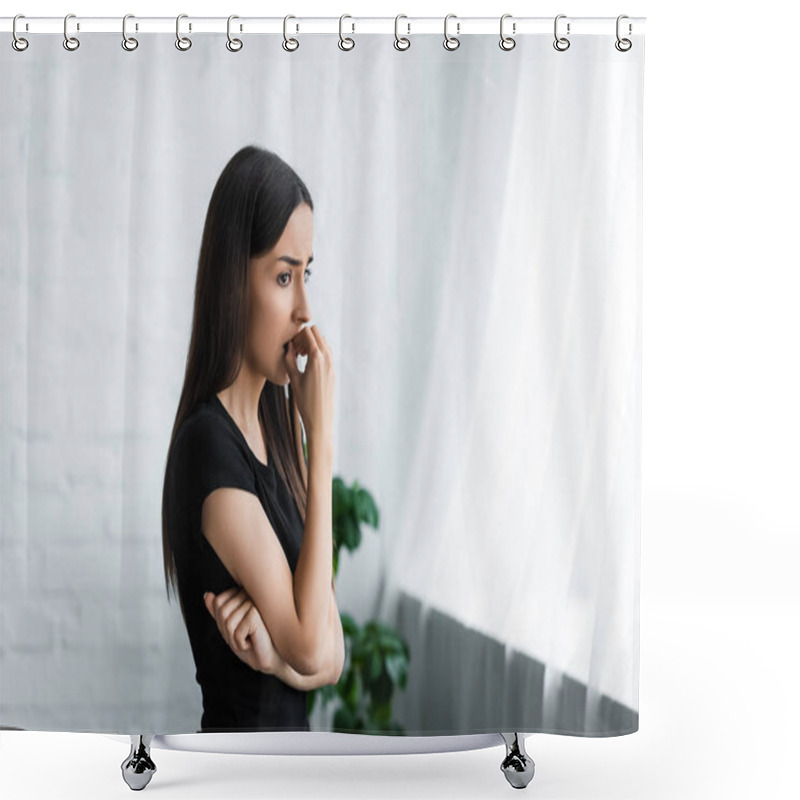 Personality  Upset Young Woman Looking Away While Suffering From Depression At Home Shower Curtains