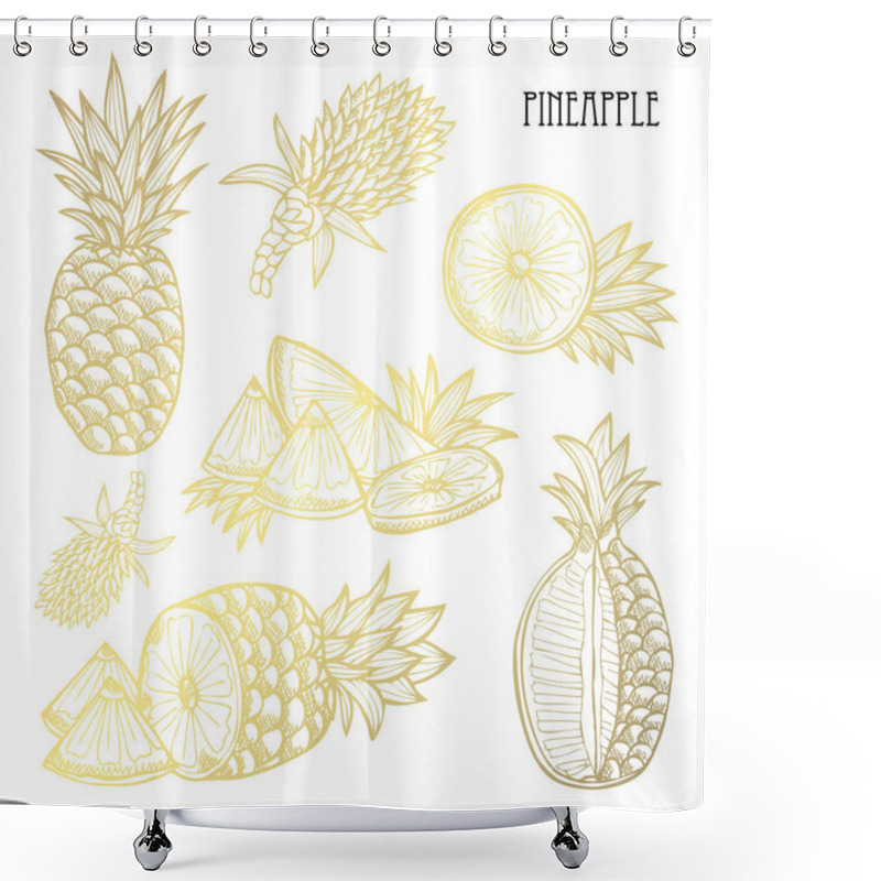 Personality  Hand Drawn Golden Pineapples, Whole And Sliced, Design Elements. Can Be Used For Cards, Invitations, Scrapbooking, Print, Fabric, Manufacturing, Food Themes. Golden Fruits Shower Curtains