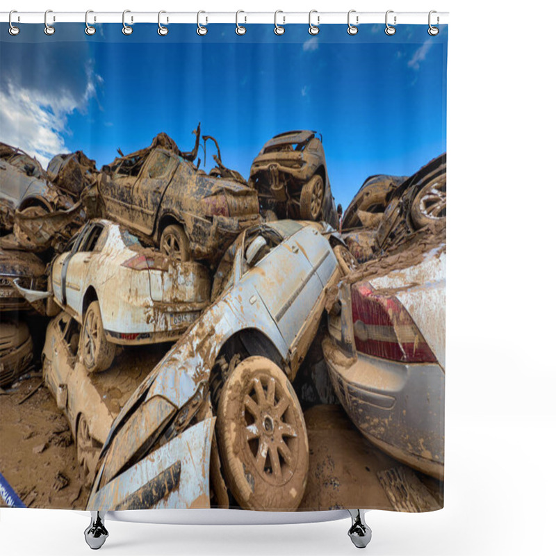 Personality  CATARROJA, VALENCIA SPAIN - DECEMBER 4 2024: After The Dana Floods In Valencia Province On October 29th 2024 Left Massive Wrecked Cars, Impacting Countless Families, Claiming Over 200 Human Lives. Shower Curtains