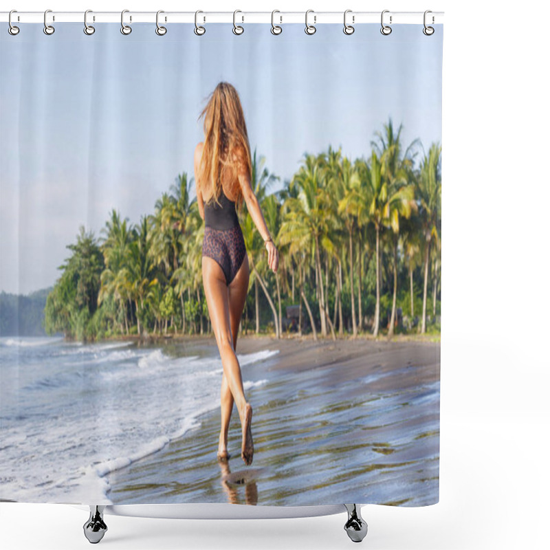 Personality  Back View Of Young Girl Running On Tropical Beach Near Sea Shower Curtains