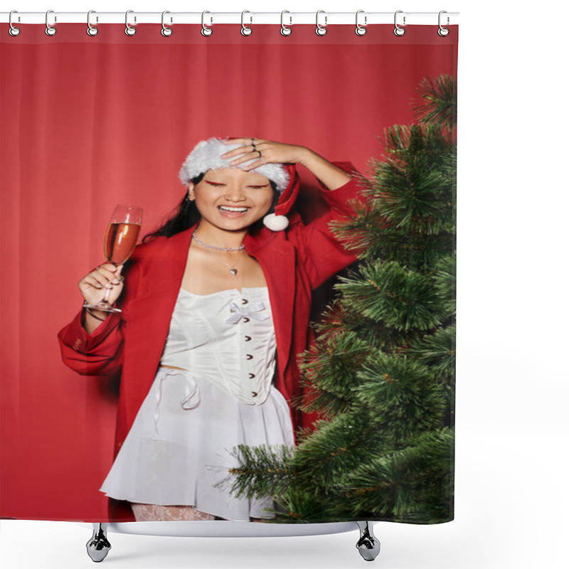 Personality  An Elegant Asian Woman In A Festive Outfit Joyfully Sips Champagne Near A Christmas Tree. Shower Curtains