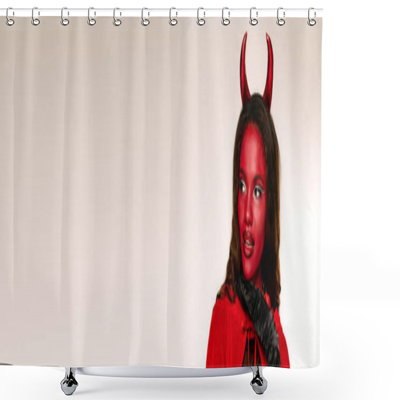 Personality  This Enchanting Woman Showcases Her Halloween Spirit In A Bold Devil Costume, Exuding Creativity. Shower Curtains