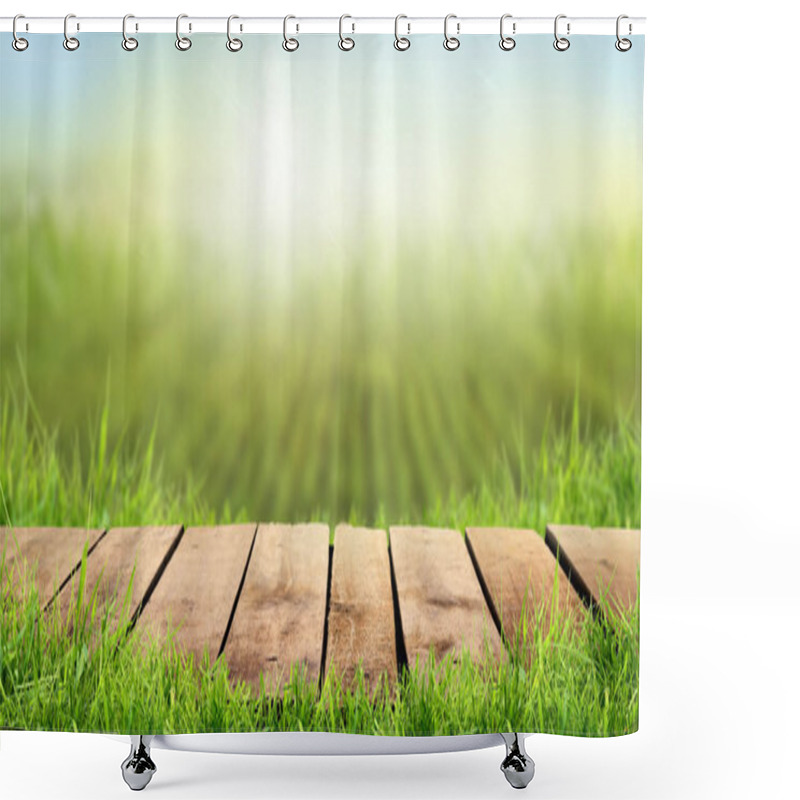 Personality  A Wooden Table With A Sunny Summers Farmland Background Shower Curtains