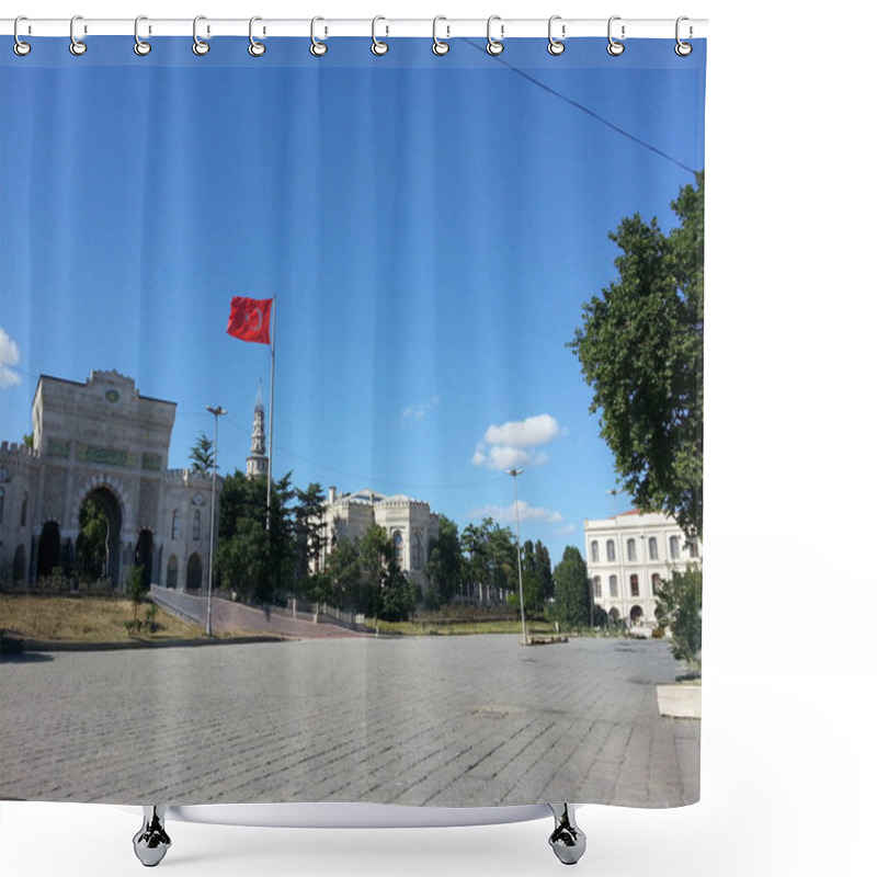 Personality  Istanbul, Turkiye, July 8, 2016, The Iconic Entrance Of Istanbul University, A Gateway To Knowledge And History, With The Beyazt Tower Standing Tall In The Background. Shower Curtains