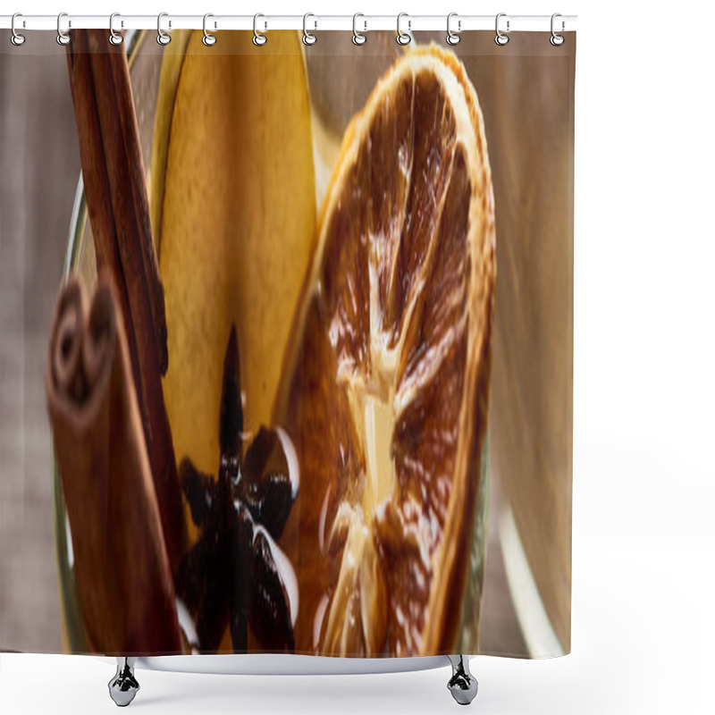 Personality  Close Up View Of Pear Mulled Wine With Spices And Dried Citrus, Panoramic Shot Shower Curtains