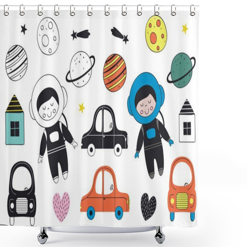 Personality  Set Of Isolated Boy Cosmonaut  And Elements In Scandinavian Style  - Vector Illustration, Eps Shower Curtains