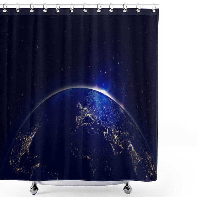 Personality  Vector Background Planet Earth With Sunrise In Space And City Lights Shower Curtains