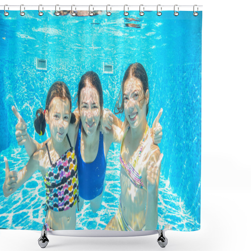 Personality  Family Swim In Pool Or Sea Underwater, Happy Active Mother And Children Have Fun In Water, Kids Sport On Family Vacation Shower Curtains