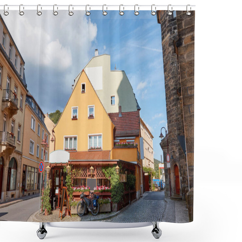 Personality  Bicycle On Street Near Building At Sunny Day In Bad Schandau, Germany Shower Curtains