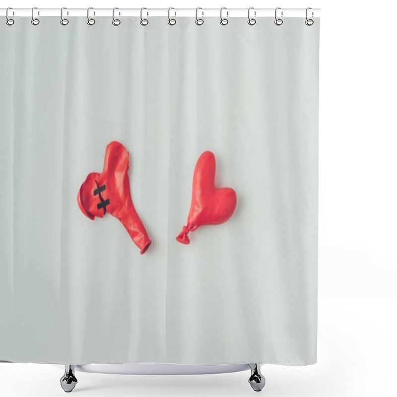 Personality  Top View Of Two Deflated Heart Shaped Balloons Isolated On White, Valentines Day Concept Shower Curtains