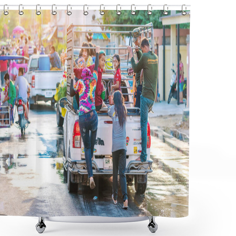 Personality  KANCHANABURI, THAILAND - APRIL 17,2019: Unidentified People Celebrating Songkran By Throwing Water To Each Other On Road On April 17, 2019 In Kanchanaburi, Thailand. Shower Curtains