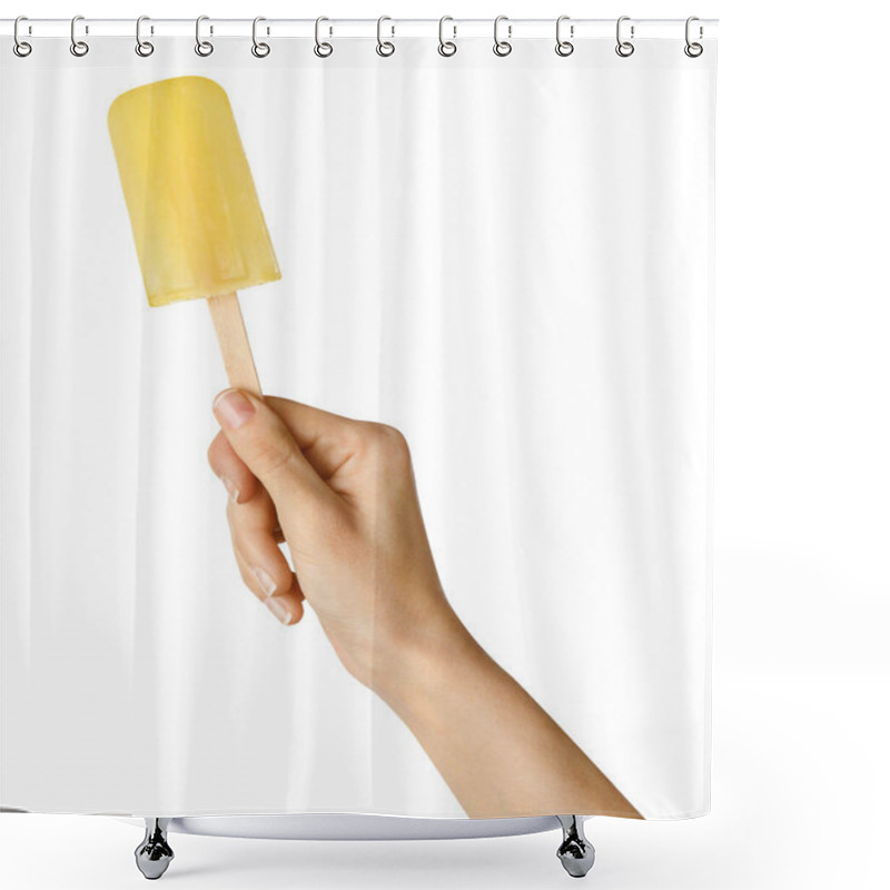 Personality  Woman Holding Tasty Fruit Ice Pop On White Background, Closeup Shower Curtains