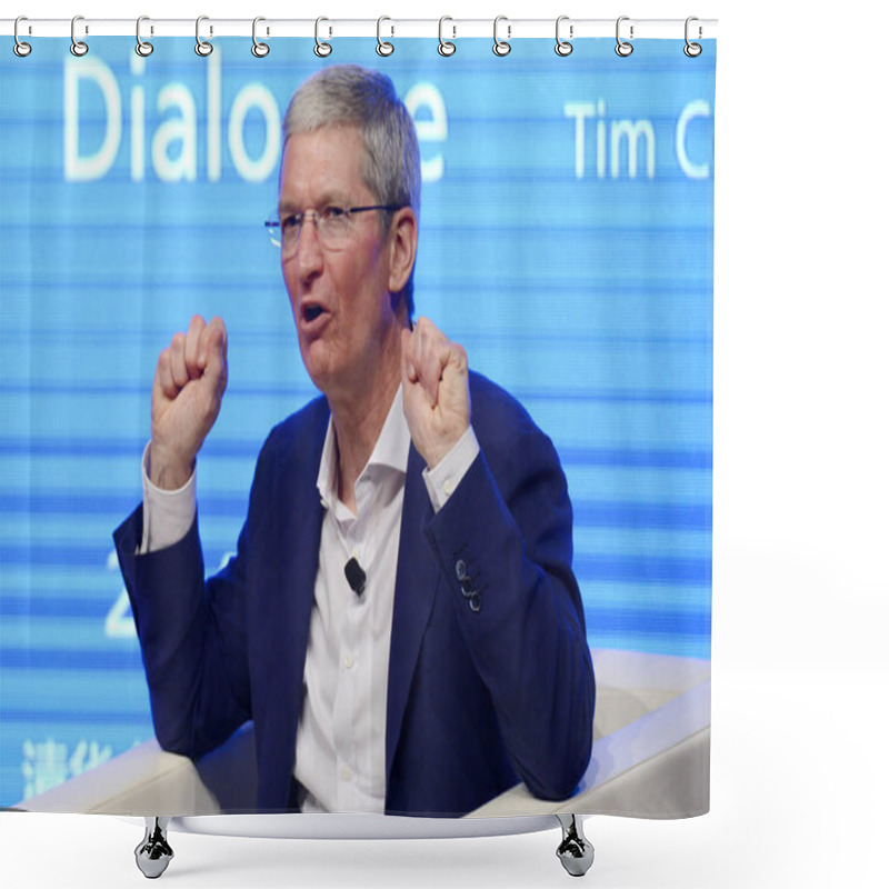 Personality  Tim Cook, CEO Of Apple Inc., Speaks At A Dialogue With Qian Ying, Dean Of The School Of Economics And Management (SEM), During The Tsinghua Management Global Forum At Tsinghua University In Beijing, China, 23 October 2014 Shower Curtains