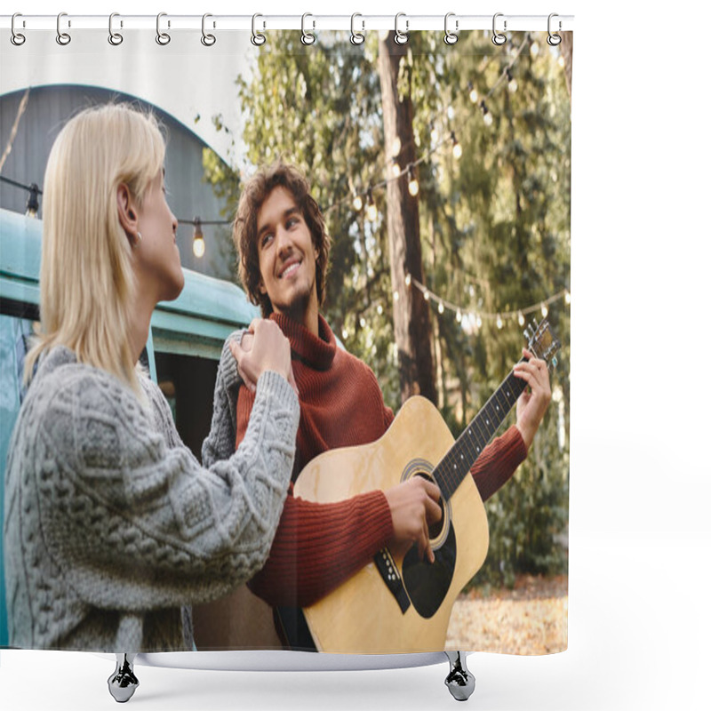 Personality  Young Loving Gay Couple Share A Lighthearted Moment As One Strums A Guitar While The Other Watches Intently. Shower Curtains