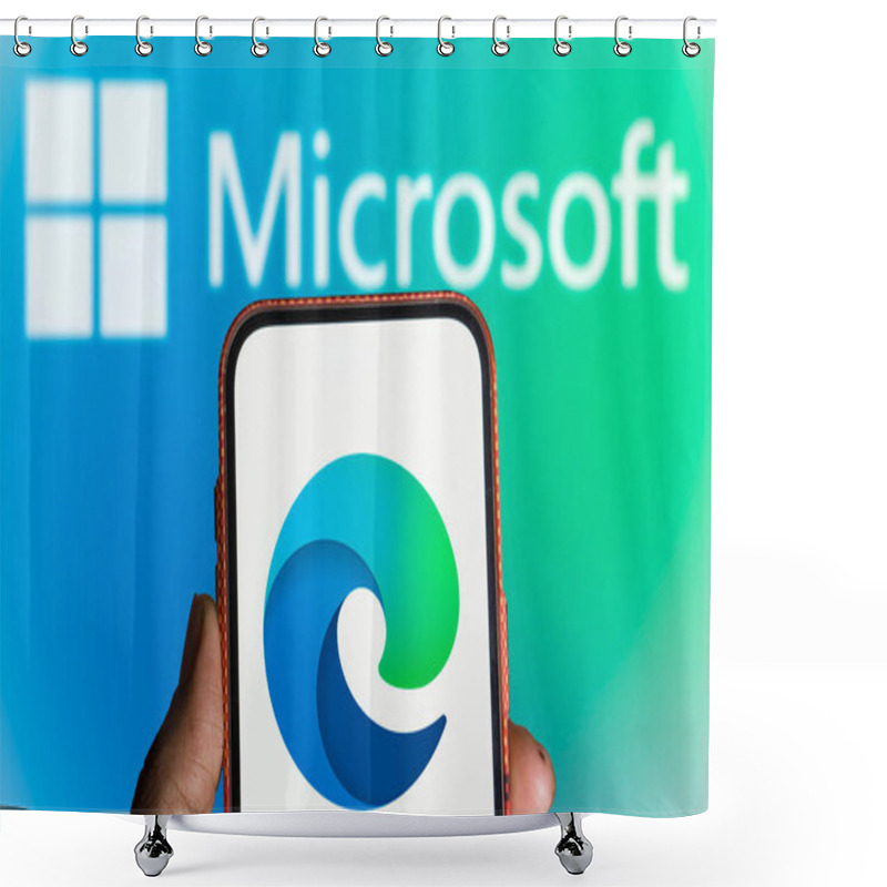 Personality  Dhaka, Bangladesh- 07 Aug 2024: Microsoft Edge Logo Is Displayed On Smartphone. Microsoft Edge (or Simply Nicknamed Edge) Is A Proprietary Cross-platform Web Browser Created By Microsoft. Shower Curtains