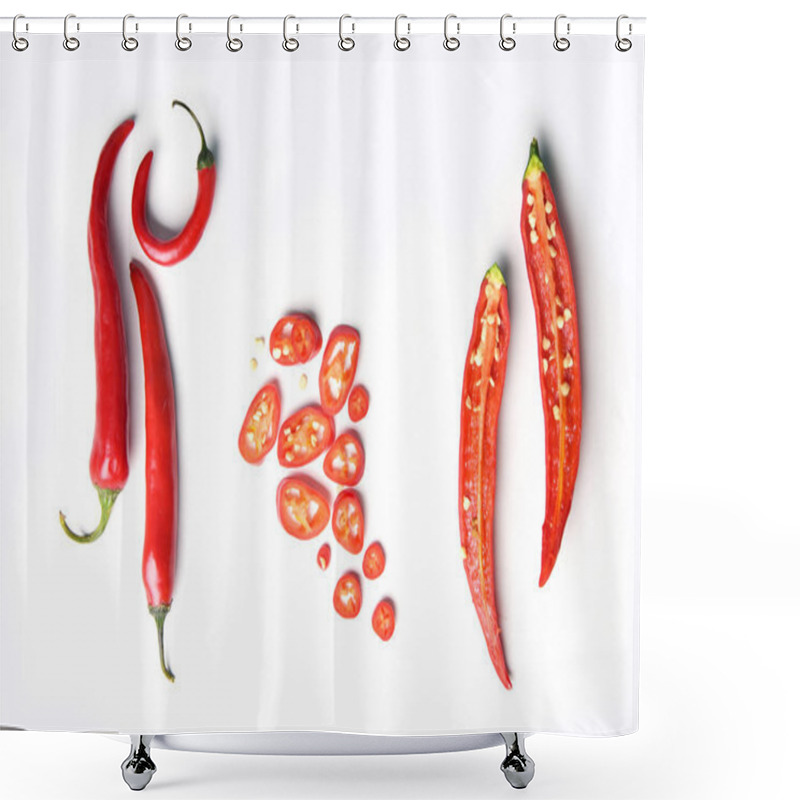 Personality  Top View Of Chopped, Sliced And Whole Red Chilli Peppers Isolated On White Background Shower Curtains