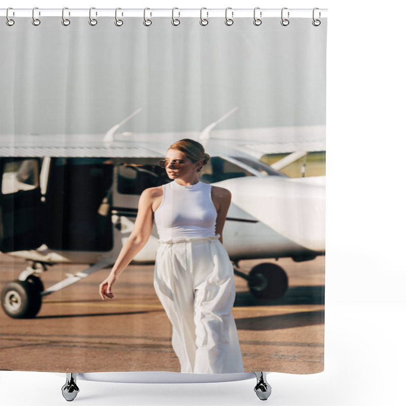 Personality  Stylish Beautiful Young Woman In Sunglasses Walking Near Airplane Shower Curtains