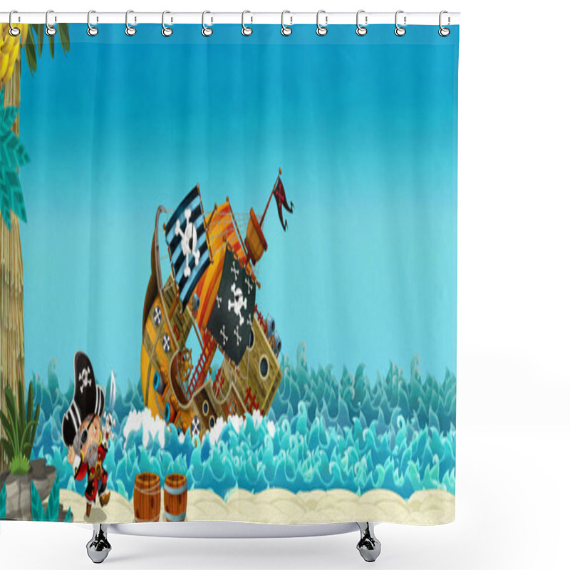 Personality  Cartoon Scene With Pirates On The Sea Battle With Sinking Ship - Illustration For The Children Shower Curtains