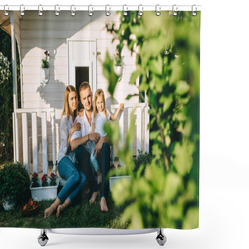 Personality  Smiling Family With Little Child Sitting Together On Porch Of Little Country House Shower Curtains