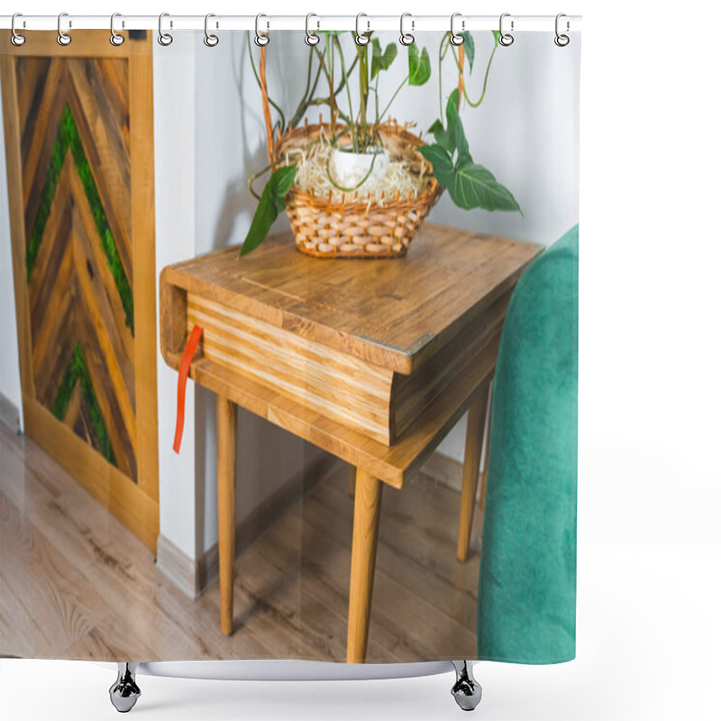 Personality  Shot Of A Sophisticated Handmade Wooden Decorative Table In The Living Room. High Quality Photo Shower Curtains