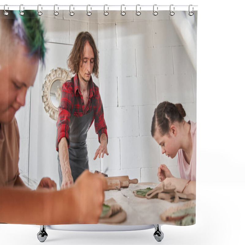 Personality  People With Special Needs Making Plate Of The Clay Under The Supervision Of A Mentor Shower Curtains