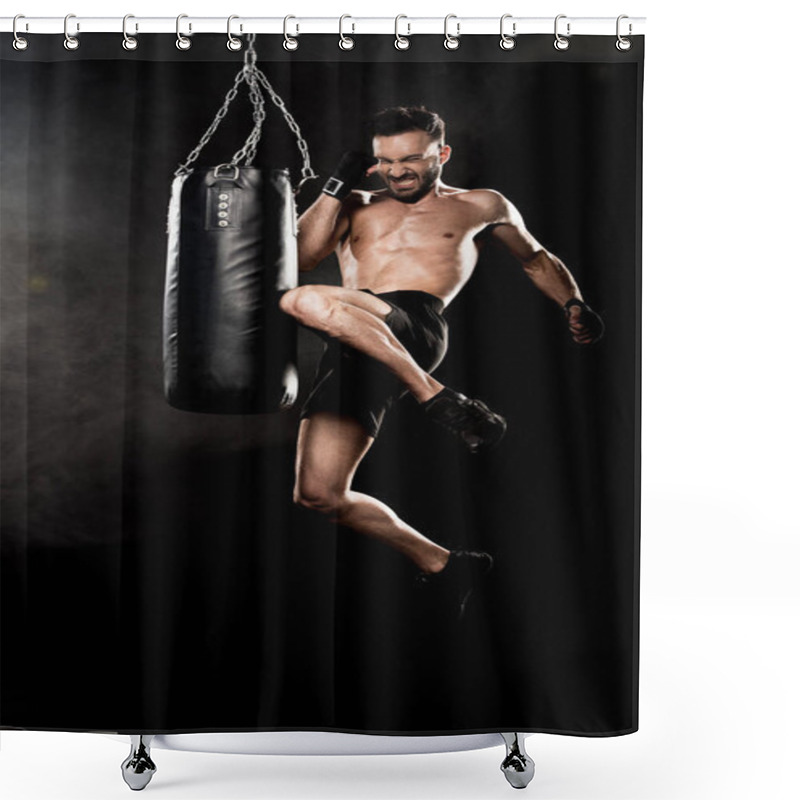 Personality  Athletic Boxer Performing Flying Kick Near Punching Bag On Black With Smoke Shower Curtains