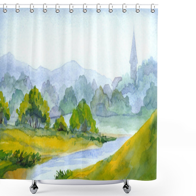 Personality  Hand Drawn Light Watercolour Artwork Paint Sketch Scene. Europe Travel White Paper Backdrop Retro Style Text Space. Scenic Color Old Outdoor Shrub Plant Cloudy Evening Sunset Dusk Twilight Fog View Shower Curtains