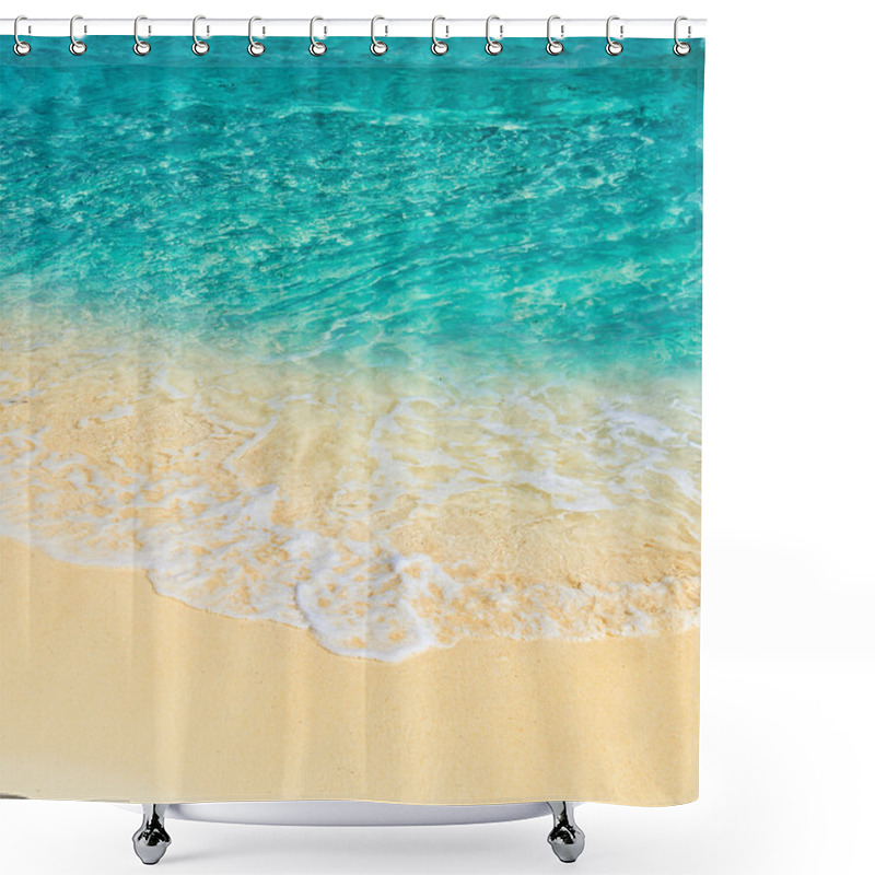 Personality  Soft Wave Of The Turquoise Sea On The Sandy Beach. Natural Summe Shower Curtains