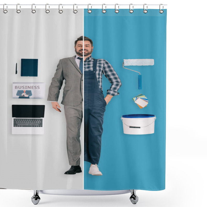 Personality  Young Man In Two Occupations Of Repairman And Businessman On Different Backgrounds  Shower Curtains