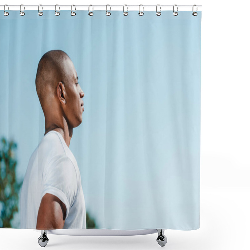 Personality  Side View Of Confident African American Soldier In White Shirt Against Blue Sky Shower Curtains